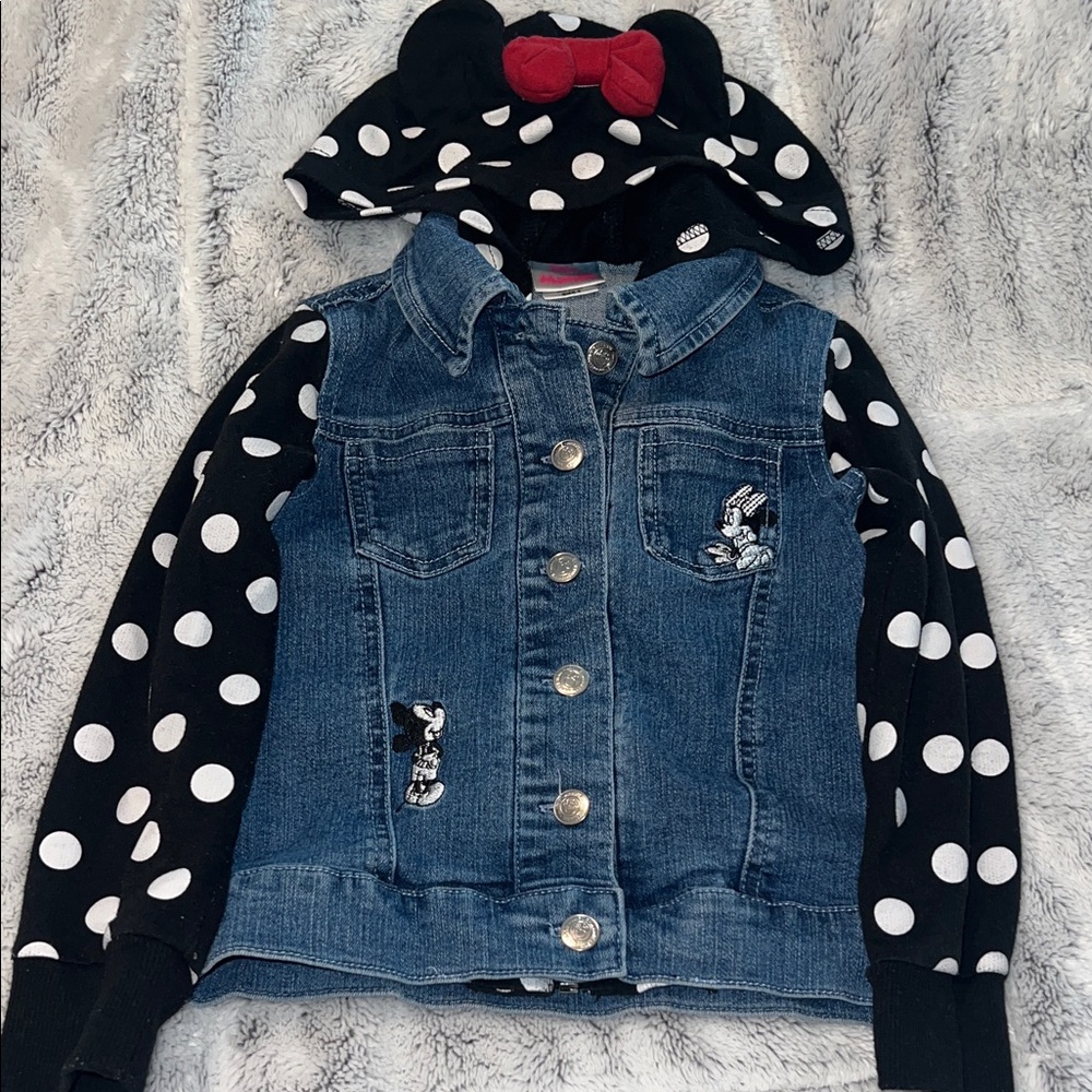 Disney Blue Denim Jacket with Black and White Polka Dot Sleeves